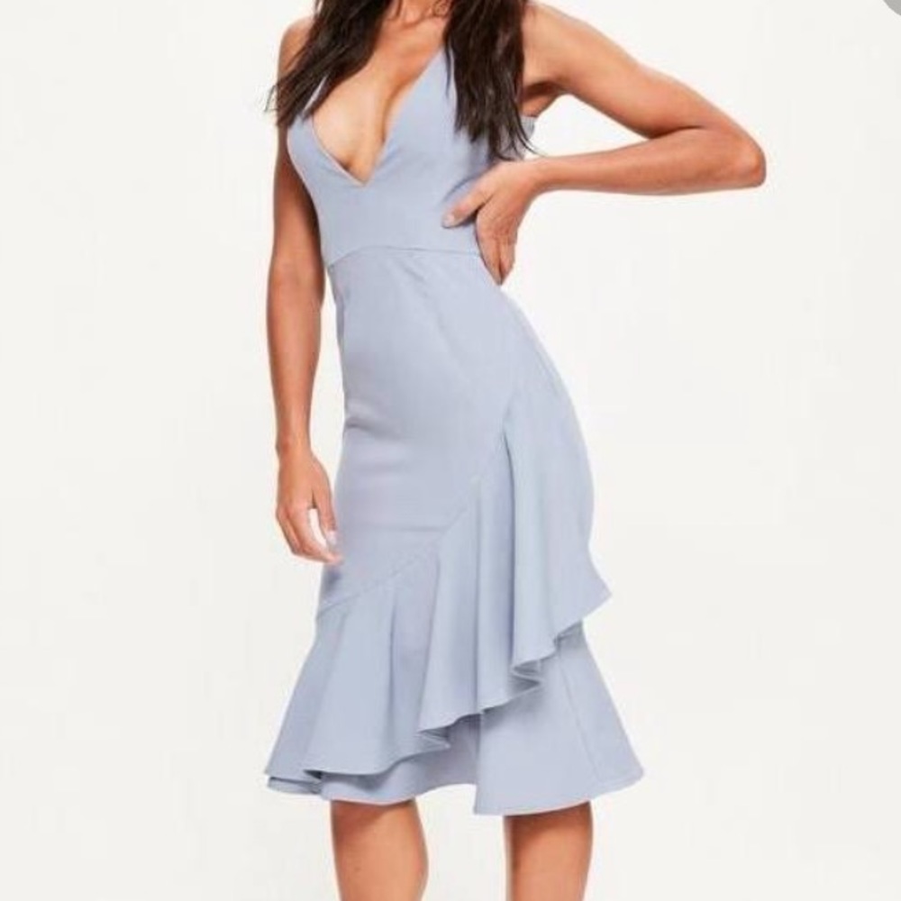 Misguided Blue Crepe Sleeveless Ruffle Dress